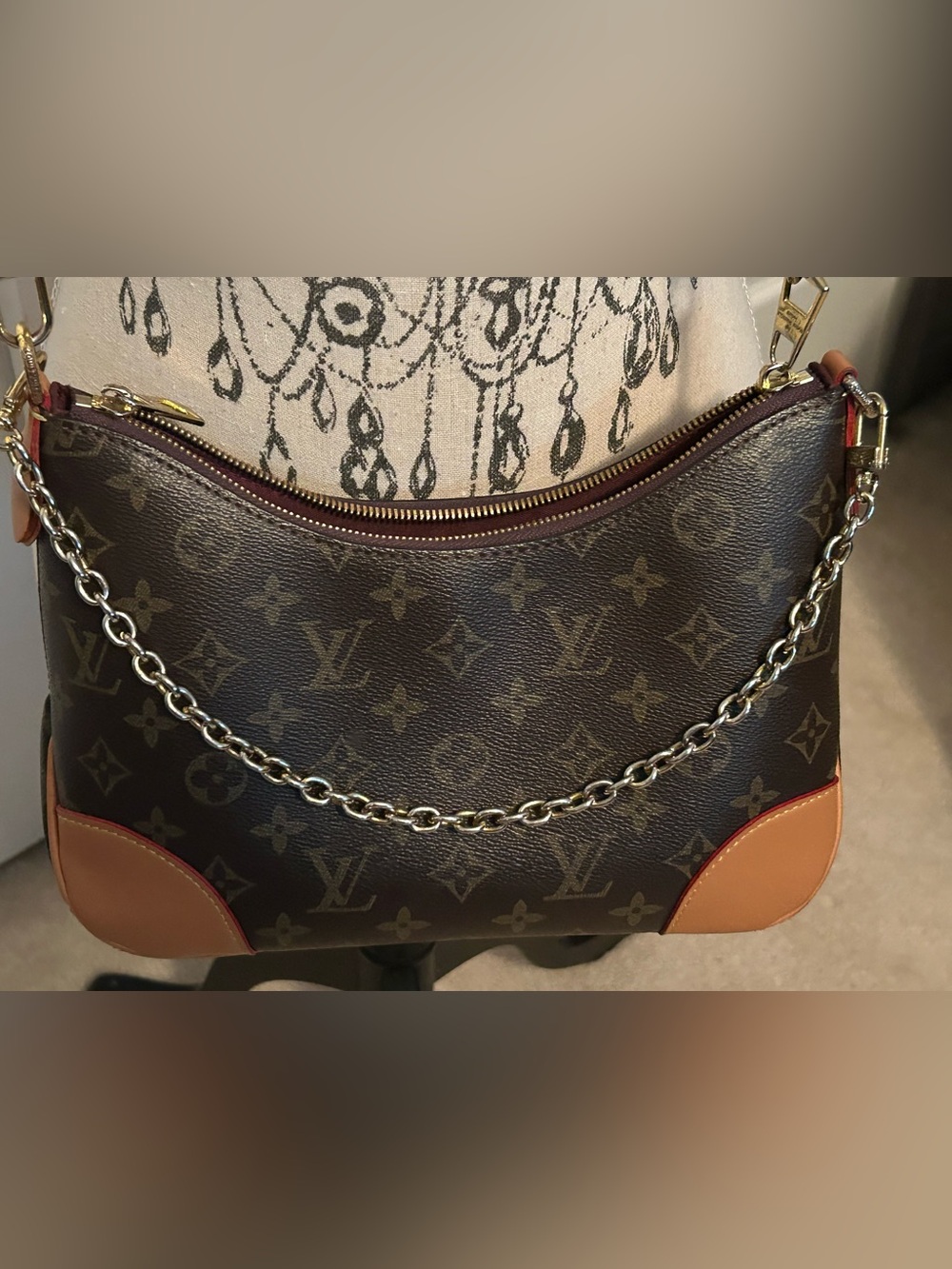 Brown Monogram Shoulder Bag with Tan Trim and Chain - LV Duplicate